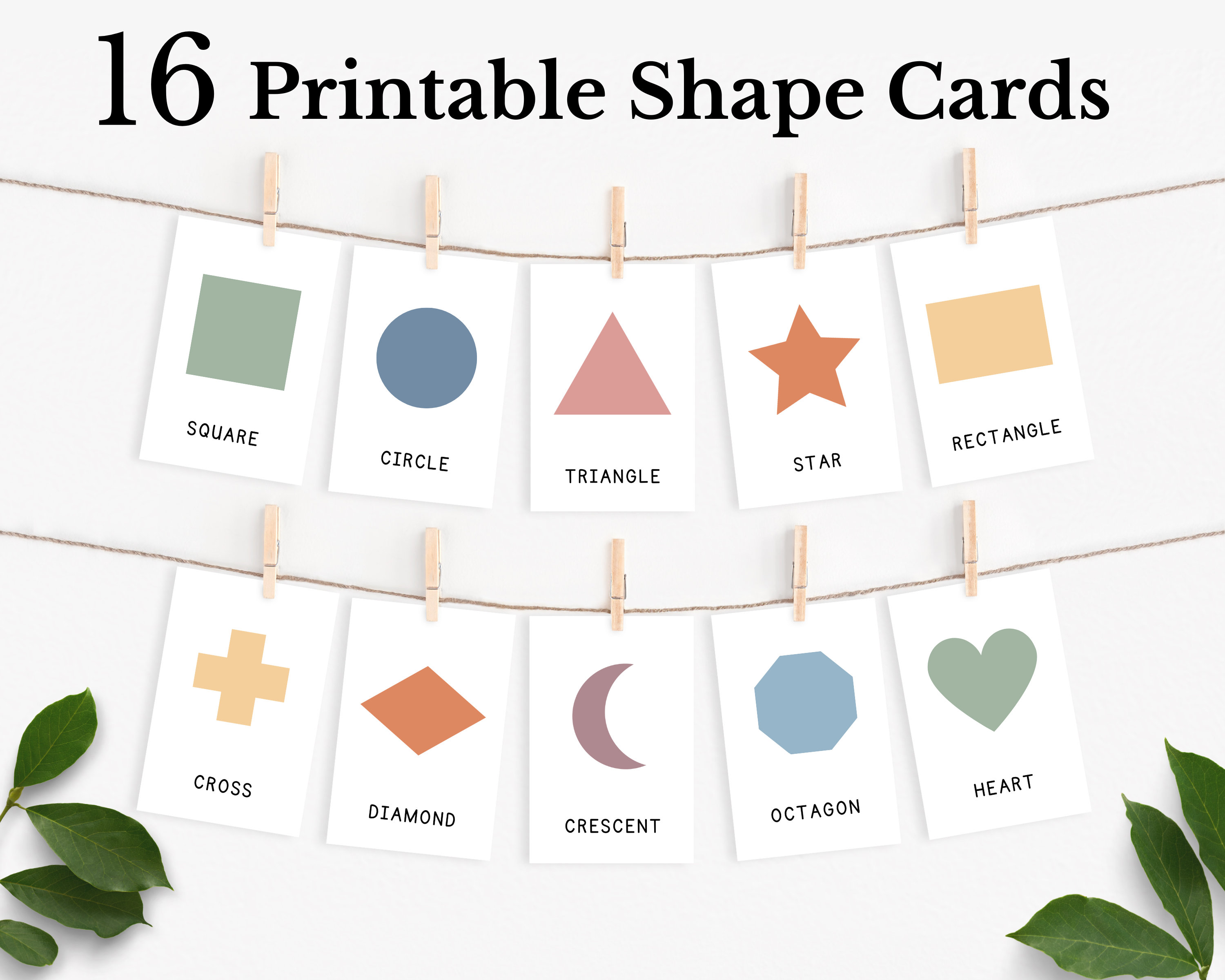 16 Shape Flash Cards, Geometric Shapes, Preschool Montessori Materials, Homeschool Printables, Pastel Boho Classroom Decor, DIGITAL DOWNLOAD