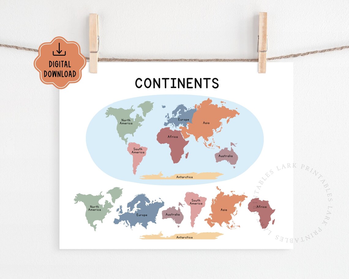 Continents Printable Poster for Kids, World Map Homeschool Poster ...