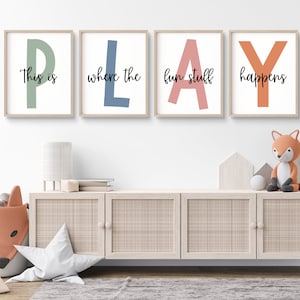 Aquí es donde suceden las cosas divertidas Juego de impresiones de sala de juegos Decoración de pared de sala de juegos, arte de pared de guardería, letrero de juego, decoración de habitación de niños Let's Play Sign