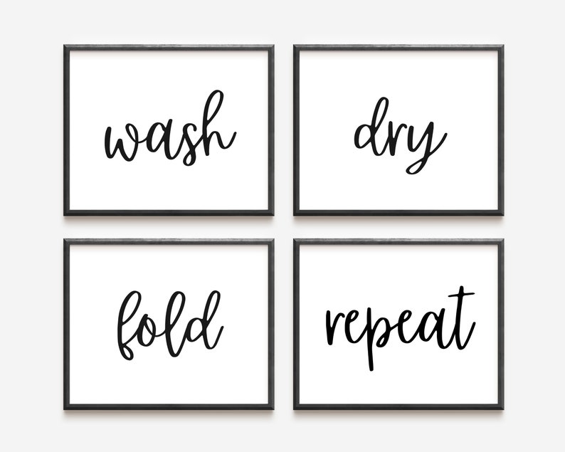 Wash Dry Fold Repeat Sign, Set of 4 Laundry Prints, Laundry Room Sign ...