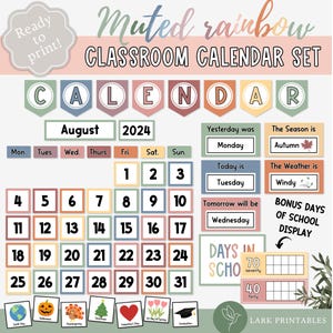 Ensemble de calendriers de classe imprimables, cartes de calendrier graphique de poche, calendrier avec affichage de la météo, décoration de la salle de classe, affiches bohèmes de configuration de classe
