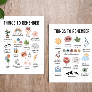K&ouml;nnte beinhalten: Zwei druckbare Poster mit bunten Illustrationen und positiven Affirmationen. Die Poster sind mit "Dinge, an die man sich erinnern sollte" betitelt und zeigen S&auml;tze wie "Du bist genug", "Lass die Angst los" und "Klettere weiter!"