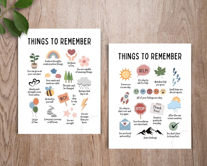 K&ouml;nnte beinhalten: Zwei druckbare Poster mit bunten Illustrationen und positiven Affirmationen. Die Poster sind mit "Dinge, an die man sich erinnern sollte" betitelt und zeigen S&auml;tze wie "Du bist genug", "Lass die Angst los" und "Klettere weiter!"