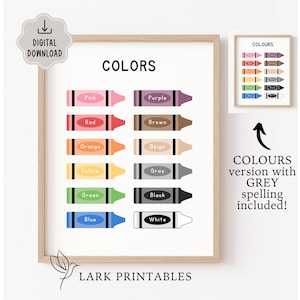 Puede incluir: Una impresión enmarcada que presenta una colorida ilustración de crayones, cada uno etiquetado con un nombre de color. La palabra "COLORS" se muestra en la parte superior. También se muestra una impresión más pequeña con la palabra "COLOURS".