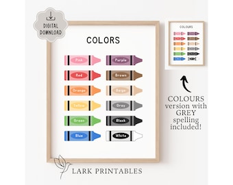 Könnte beinhalten: Ein gerahmter Druck mit einer farbenfrohen Illustration von Buntstiften, die jeweils mit einem Farbnamen beschriftet sind. Das Wort "COLORS" steht oben. Ein kleinerer Druck mit dem Wort "COLOURS" ist ebenfalls abgebildet.