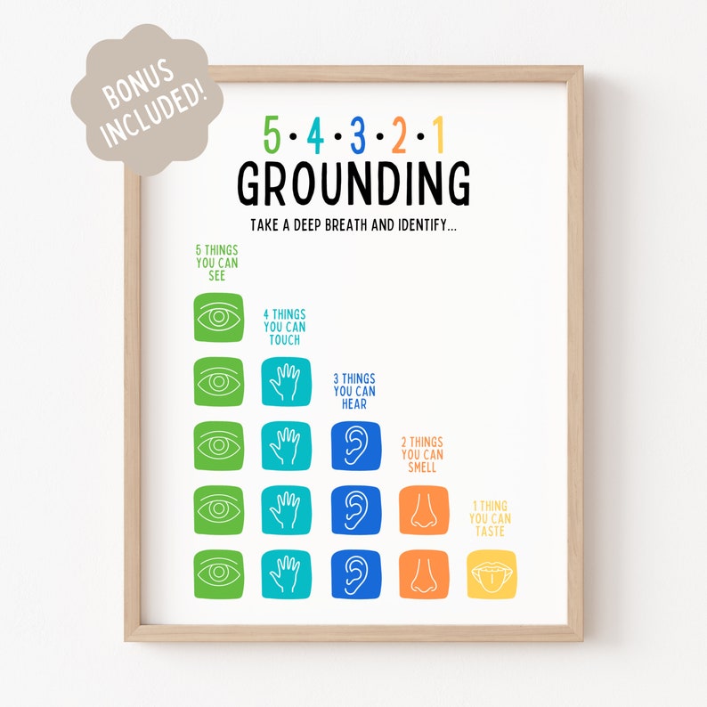 May include: A printable poster with a grounding exercise for kids. The poster features a colorful design with the numbers 5-4-3-2-1 and the word "Grounding". The poster instructs the user to take a deep breath and identify 5 things they can see, 4 things they can touch, 3 things they can hear, 2 things they can smell, and 1 thing they can taste.