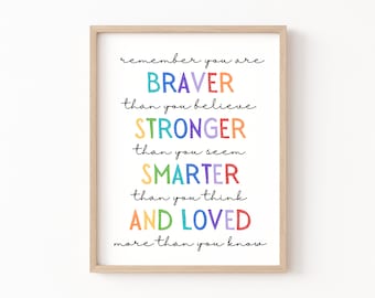 Winne the Pooh Quote, Kids Wall Art, You Are Braver Than You Believe Stronger Than You Seem, Always Remember, Playroom Poster, Kids Affirm