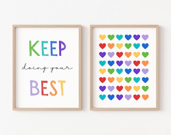 May include: Two framed prints with a motivational message and a rainbow heart pattern. The first print says "KEEP doing your BEST" in colorful letters. The second print has a grid of 36 rainbow hearts.