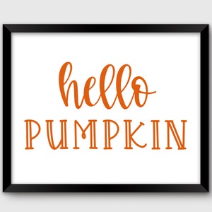 May include: A framed print with the text "hello pumpkin" in orange lettering on a white background.