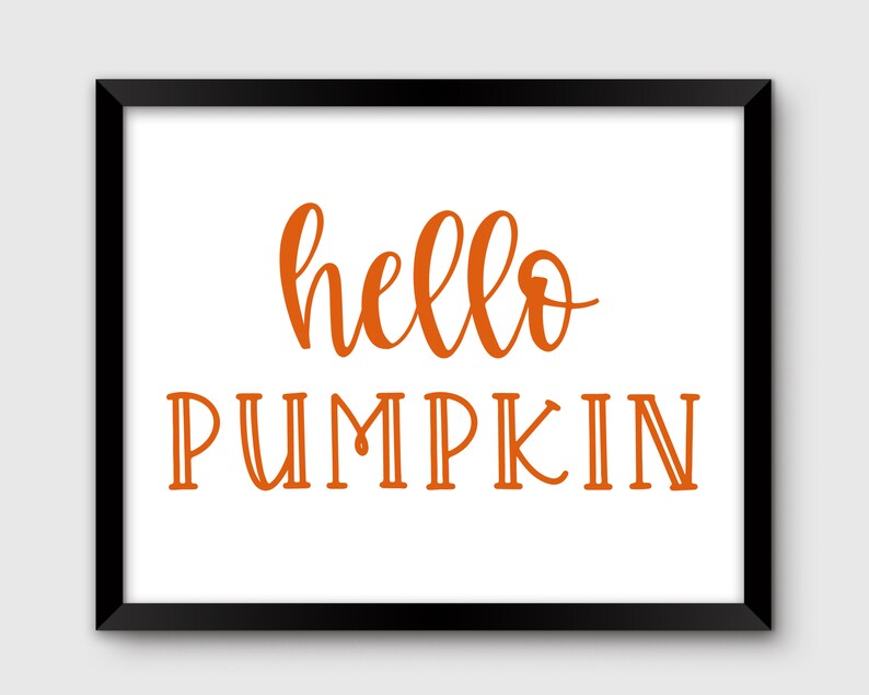 May include: A framed print with the text "hello pumpkin" in orange lettering on a white background.