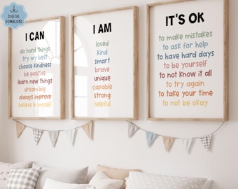 Kids Affirmation Poster, Set of 3 Positive Affirmations Bundle, Motivational Wall Art, Classroom Decor Posters, I Can Do Hard Things Prints