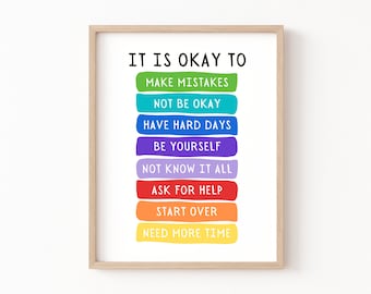 Está bien no estar bien Póster, Arte motivacional para niños, Citas de carteles en el aula, Arte de pared educativo, Sé tú mismo, Decoración de arte de pared de sala de juegos
