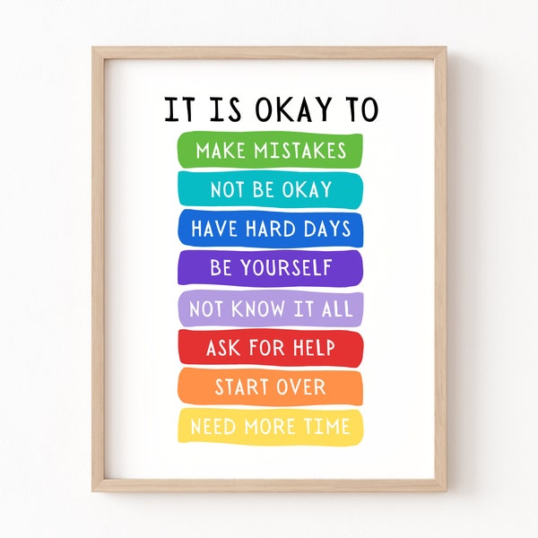 It's Okay to Not be Okay Poster, Motivational Kids Art, Classroom Posters Quotes, Educational Wall Art, Be Yourself, Playroom Wall Art Decor