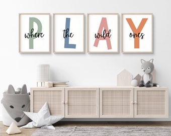 Where The Wild Ones Play Set di 4, Boho Playroom Wall Decor, Kids Wall Art, Nursery Decor, Set di 4 stampe per sala giochi, cartello sala giochi