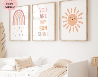 You Are My Sunshine Nursery Poster Digital Download, Set of 3 Boho Sun and Rainbow Prints, Pink Orange Printable Wall Art, Girl Room Decor