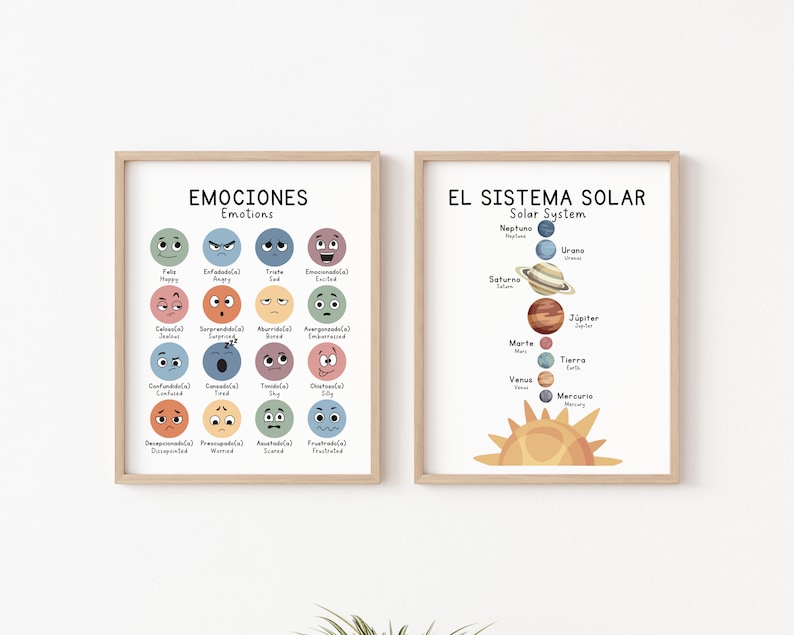 May include: Two printable posters with colorful illustrations. The left poster features a chart of emotions with Spanish and English labels. The right poster shows the solar system with planets and the sun.