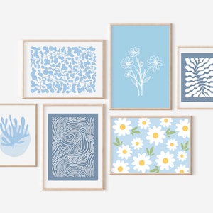 Blue Wall Art Set of 6 Boho Prints, Danish Pastel Decor, Gallery Wall Set, Sky Blue Boho Botanical Printable, Dorm Room Decor Daisy Wall Art