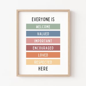 Todos son bienvenidos aquí Imprimir cartel de salud mental Boho Aula Decoración Diversidad Inclusión Signo Soy amado Valorado Todos son bienvenidos Signo
