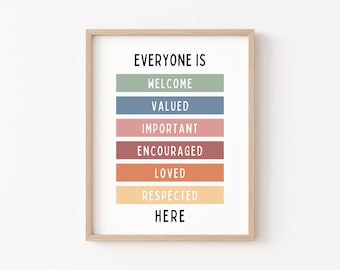 Todos son bienvenidos aquí Imprimir cartel de salud mental Boho Aula Decoración Diversidad Inclusión Signo Soy amado Valorado Todos son bienvenidos Signo