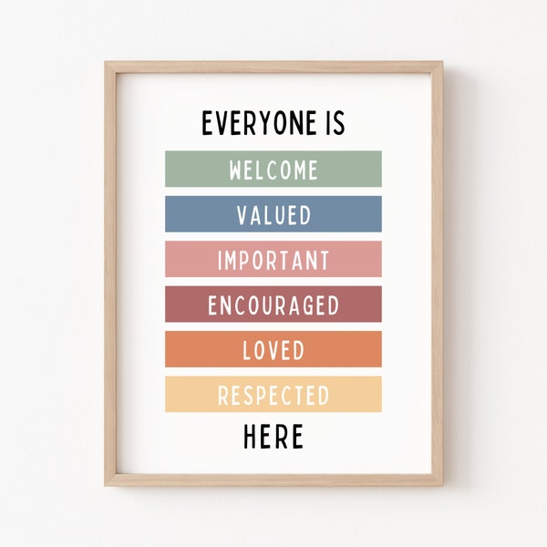 Everyone Is Welcome Here Print Mental Health Poster Boho Classroom Decor Diversity Inclusion Sign I am Loved Valued All Are Welcome Sign