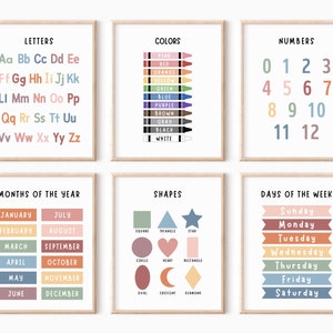 Juego de 6 carteles educativos para pared, carteles para el aula, imprimibles para la educación en el hogar, carteles educativos, carteles del alfabeto, arte mural para niños, carteles para la sala de juegos