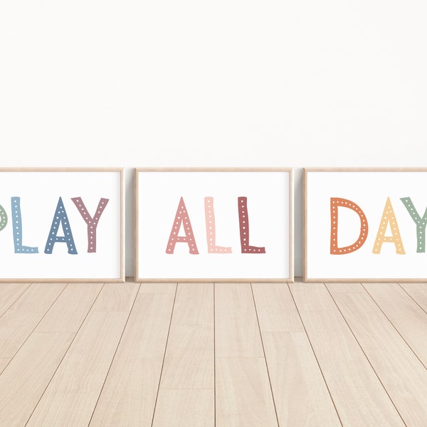 Set of 3 Playroom Prints, Playroom Sign Nursery Wall Art, Let's Play Sign, Playroom Wall Decor, Kids Room Decor Wall Art, Pastel Playroom
