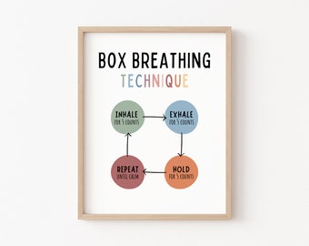 Box Breathing Technique, Calming Corner, Mindfulness Breathing Technique Poster, Therapy Office Decor, Mental Health Poster School Counselor