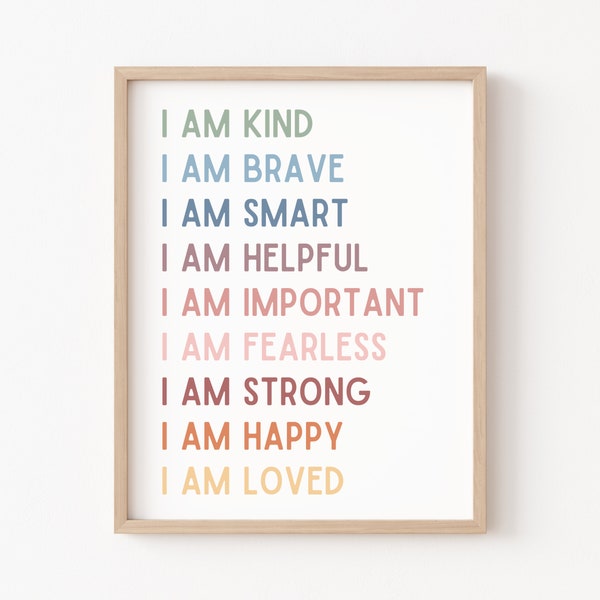 Affirmations for Kids, Classroom Posters, I Am Affirmations, Playroom Poster, Affirmations Poster, Homeschool Decor, I Am Fearless Strong