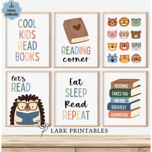 May include: A collection of six framed prints with a reading theme. The prints feature colorful text like "Cool Kids Read Books" and illustrations of animals wearing glasses. Other prints say "Reading Corner" and "Eat Sleep Read Repeat".