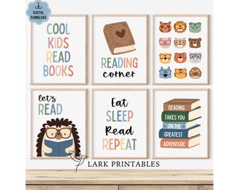 Reading Corner Set of 6 Posters, DIGITAL DOWNLOAD, Let's Read, Classroom Reading Corner, Cool Kids Read Books, Kids Book Wall Art Story Time
