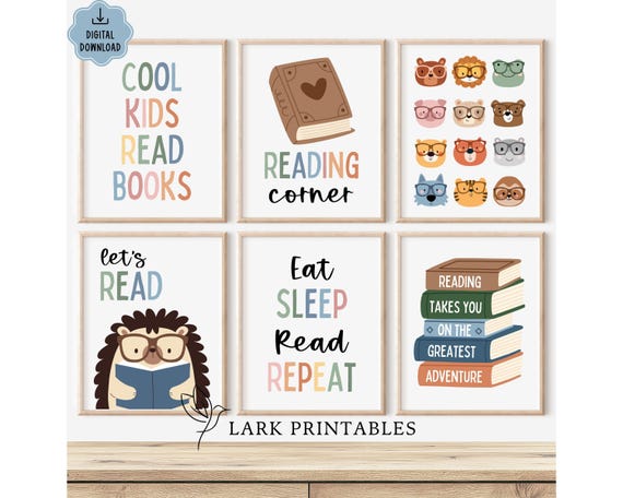Reading Corner Set of 6 Posters, DIGITAL DOWNLOAD, Let's Read, Classroom Reading Corner, Cool Kids Read Books, Kids Book Wall Art Story Time