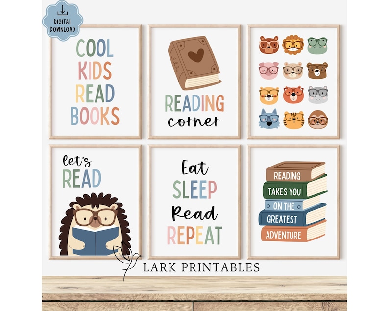 May include: A collection of six framed prints with a reading theme. The prints feature colorful text like "Cool Kids Read Books" and illustrations of animals wearing glasses. Other prints say "Reading Corner" and "Eat Sleep Read Repeat".