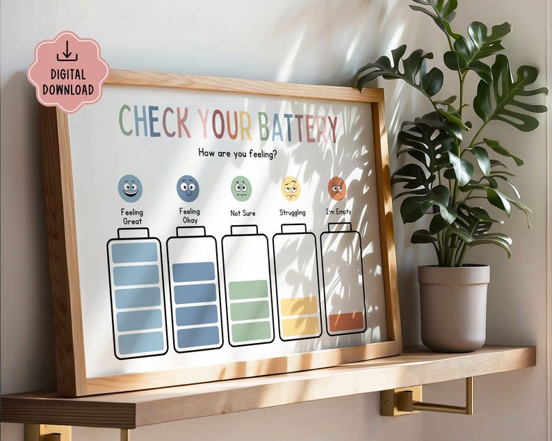 May include: Printable chart with a battery meter and five different emojis representing different feelings. The text reads "Check Your Battery" and "How are you feeling?" The emojis represent feeling great, feeling okay, not sure, struggling, and I'm empty.