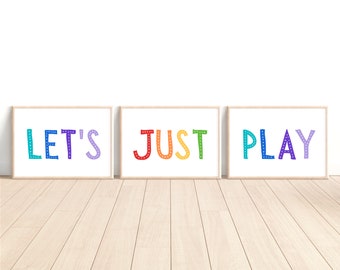 Set of 3 Playroom Prints, Playroom Sign Nursery Wall Art, Let's Play Sign, Playroom Wall Decor, Let's Just Play Print, Colorful Playroom Art