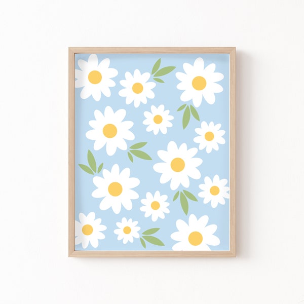 Danish Pastel Decor, Daisy Print, Sky blue Wall Art, Flower Poster, College Dorm Decor, Modern Vintage Retro Apartment Decor, Boho Botanical