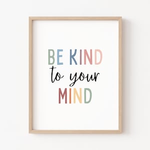 Op de afbeelding: Een ingelijst print met de tekst "BE KIND to your MIND" in kleurrijke letters. De letters zijn in tinten blauw, groen, roze, oranje en geel.