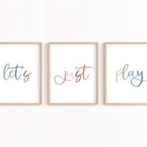 Set of 3 Playroom Prints, Playroom Sign Nursery Wall Art, Let&#39;s Play Sign, Playroom Wall Decor, Let&#39;s Just Play Printable, Pastel Playroom