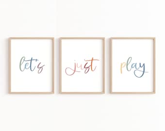 Set of 3 Playroom Prints, Playroom Sign Nursery Wall Art, Let's Play Sign, Playroom Wall Decor, Let's Just Play Printable, Pastel Playroom