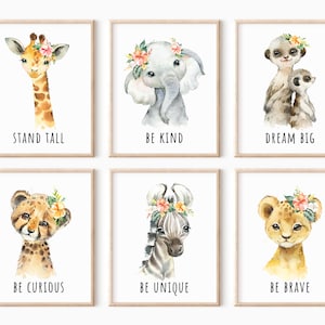 Set de 6 Safari Nursey Animal Prints, Safari Nursery Decor, Baby Animal Print, Playroom Printable Kids Wall Art, Elefante, León, Jirafa