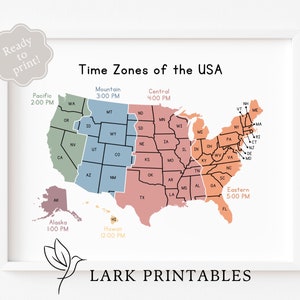 Zeitzonen der USA Karte Lernposter Printable Geographie Klassenzimmer Wanddekor Montessori Homeschool Ressourcen Zeitzone USA