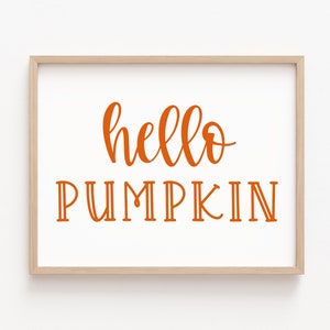 May include: A framed print with the text "hello pumpkin" in orange lettering on a white background.
