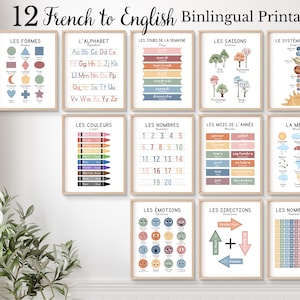 12 affiches éducatives bilingues en français, À imprimer pour l'école à la maison, Posters d'apprentissage du français, Salle de classe bilingue, Apprendre le français, Impressions bilingues