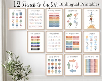 12 Bilingual French Educational Posters, Homeschool Printables, French Learning Posters, Bilingual Classroom, Learn French, Bilingual Prints