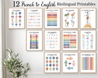 12 Bilingual French Educational Posters, Homeschool Printables, French Learning Posters, Bilingual Classroom, Learn French, Bilingual Prints