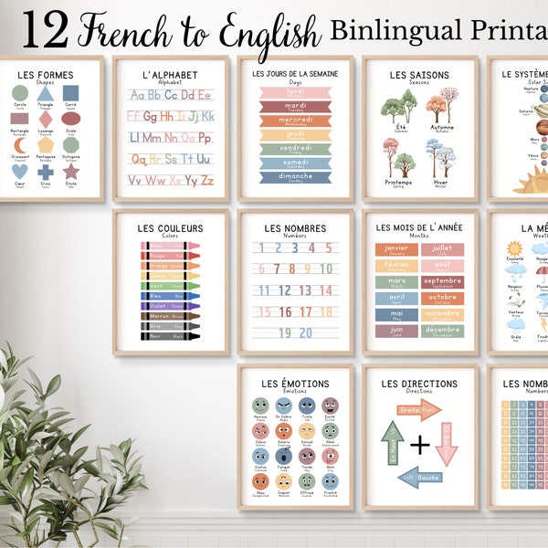 12 affiches éducatives bilingues français, imprimables homeschool, affiches d’apprentissage du français, classe bilingue, apprendre le français, impressions bilingues