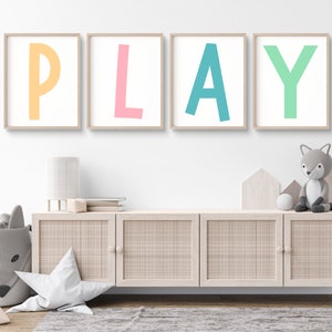 Set of 4 Playroom Prints, Nursery Wall Art, Play Sign, Playroom Wall Decor, Let's Play Sign, Pastel Playroom Prints, Kids Wall Decor