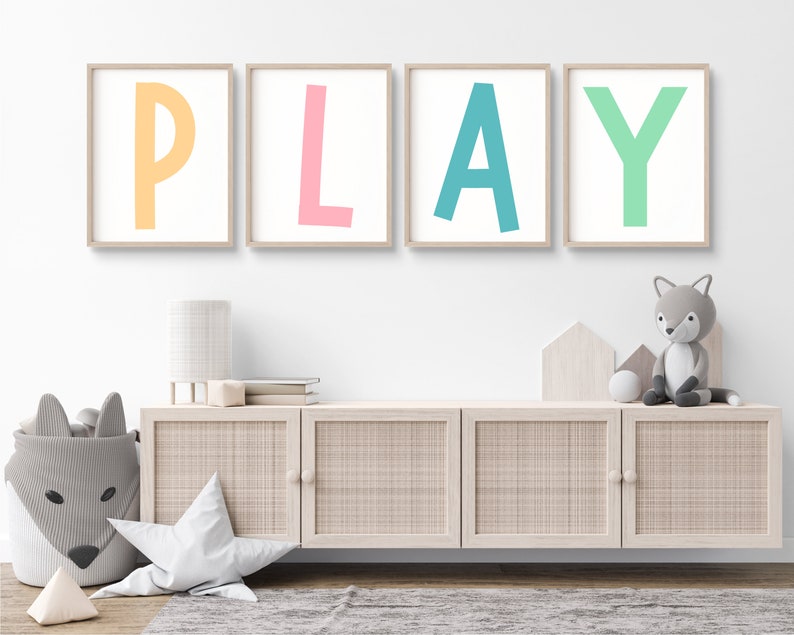 Set of 4 Playroom Prints, Nursery Wall Art, Play Sign, Playroom Wall Decor, Let's Play Sign, Pastel Playroom Prints, Kids Wall Decor image 1