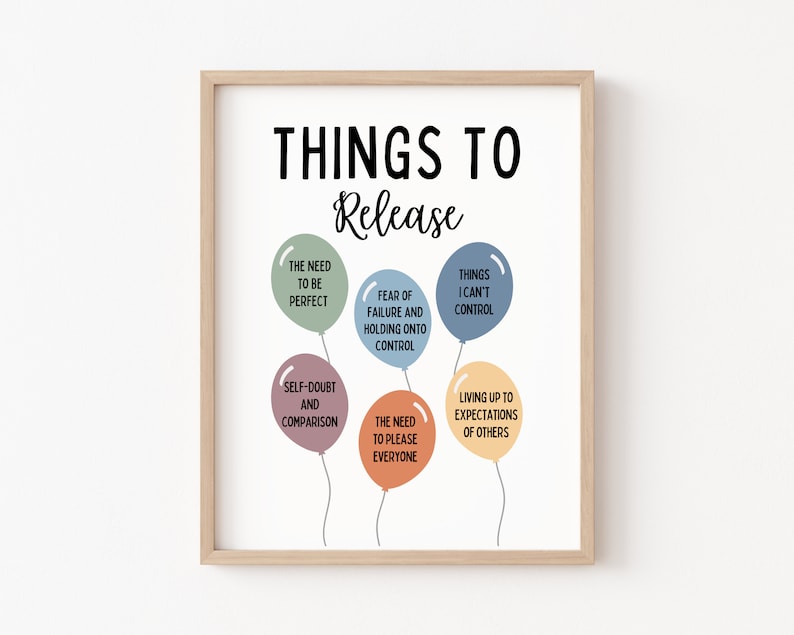 May include: A printable wall art poster with the text "THINGS TO Release" in black text. The poster features six colourful balloons with phrases written on them, such as "The need to be perfect", "Fear of failure and holding onto control", "Things I can't control", "Self-doubt and comparison", "The need to please everyone", and "Living up to expectations of others".