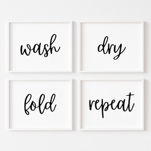Wash Dry Fold Repeat Sign, Set of 4 Laundry Prints, Laundry Room Sign ...