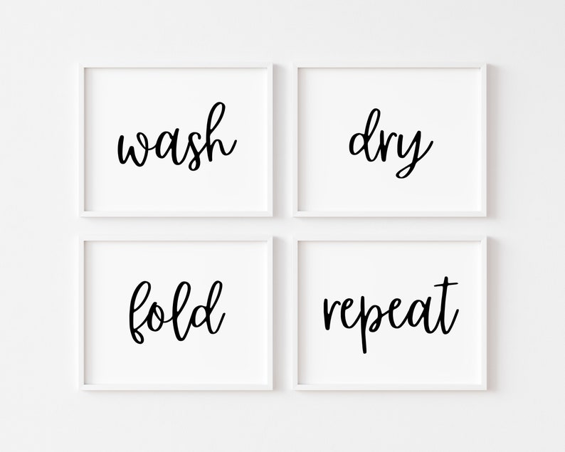 Wash Dry Fold Repeat Sign, Set of 4 Laundry Prints, Laundry Room Sign ...